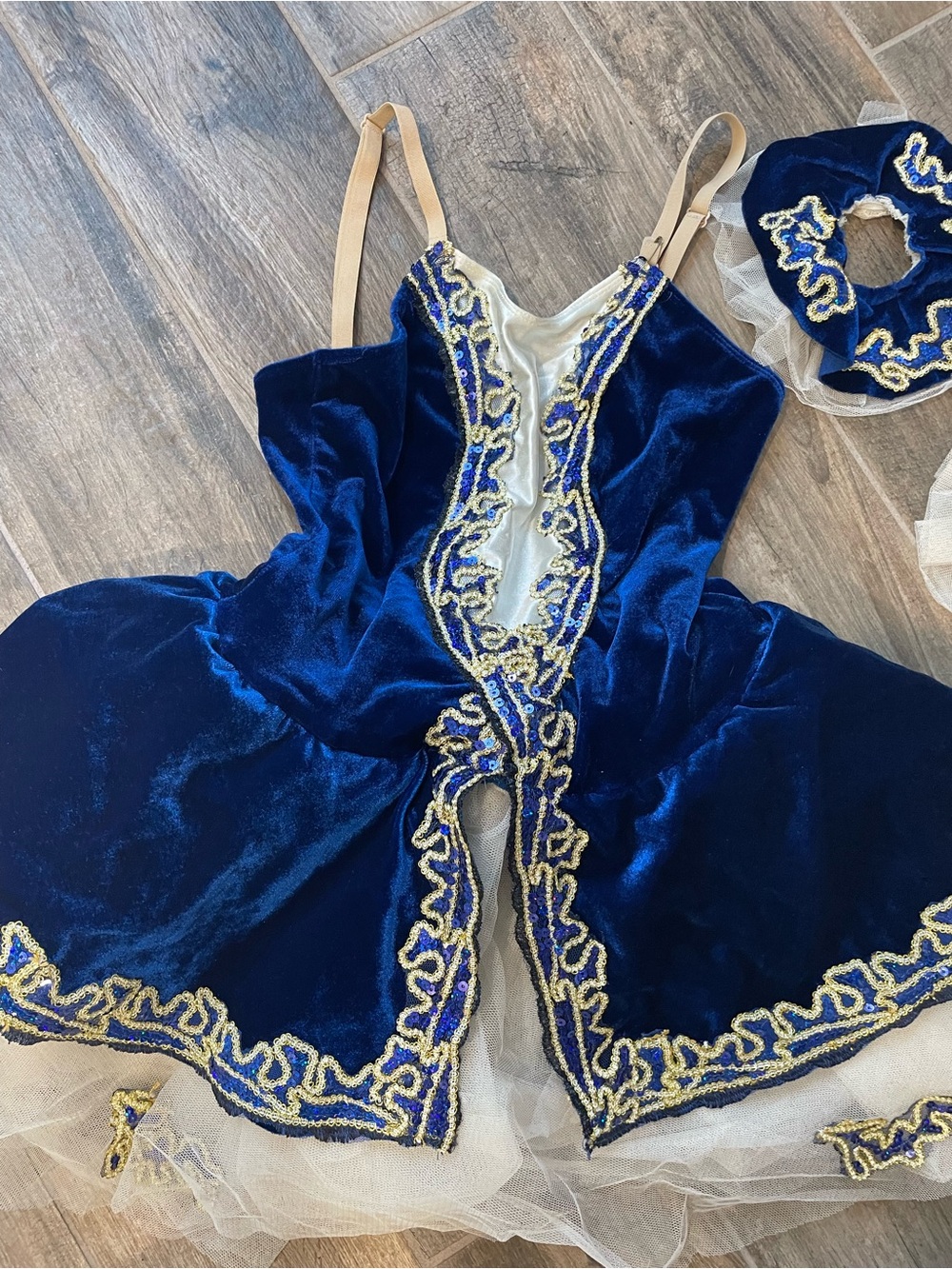 Royal Blue Velvet Lace-Trim ballet costume with Gold Accents and arm bands
